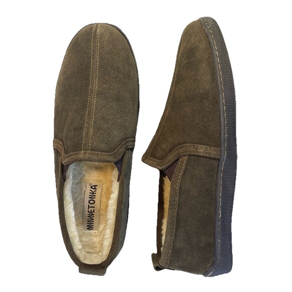 Minnetonka Moccasins Slipper Men's Leather Faux Fur Romeo Chocolate 3928 US 10 - Picture 1 of 10